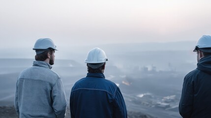 Engineers Overlooking Industrial Landscape at Dusk, Discussing Progress and Safety Measures in a Rocky Terrain