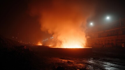 Intense Glow and Rising Smoke from Industrial Furnace at Night in Urban Setting with Bright Lights and Obscured Background
