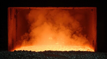Glowing Molten Metal Poured from Open Crucible Against Black Background with Smoke and Sparks, Capturing a Fiery Industrial Process and Raw Material Transformation