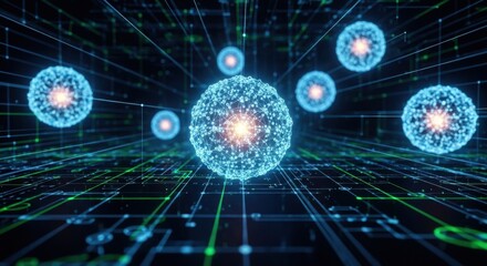 Glowing orbs connected by lines above circuit board design