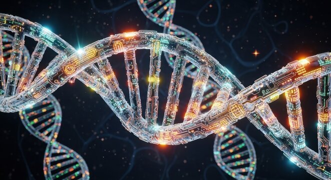 Digital dna strands with circuit board design on dark background