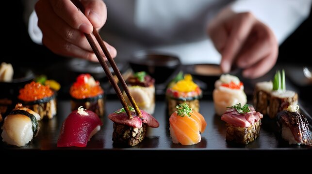 Hands carefully plating sushi omakase set on black tray, elegant modern table with clear side space 