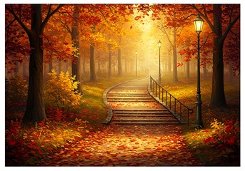 Autumn stairs in forest path