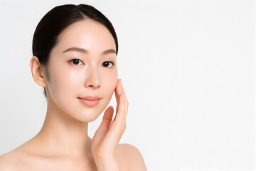 ビューティー 女性モデル 横長フレーミング 右側に大きなコピースペース 白背景 ハイキーで透明感のあるクローズアップポートレート