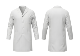 Front and back view of pharmacist white lab coat uniform with long sleeves, buttons, and pockets isolated on transparent background.