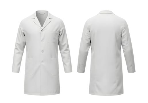Front and back view of pharmacist white lab coat uniform with long sleeves, buttons, and pockets isolated on transparent background.