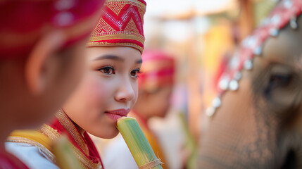 Beautiful Thai girl in traditional costume playing flute beside decorated elephant at Surin Elephant Festival cultural celebration in Thailand