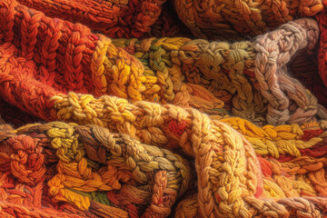 Braided fabric texture in warm orange and brown tones, showcasing a thick woven pattern. Ideal for cozy autumn designs and textile backgrounds.