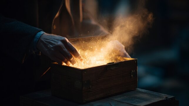 Hands opening mysterious box