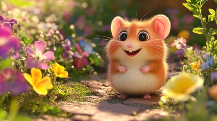 Smiling cartoon hamster in a flower garden vibrant colors and soft lighting