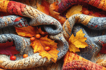 Colorful woven fabric with autumn leaves scattered on top, combining cozy textile and natural fall elements. Ideal for seasonal creative designs.