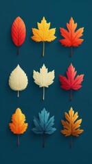 Fototapeta premium Vibrant autumn leaves arranged artistically on a blue background showcasing seasonal colors and textures