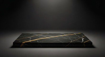 Minimalist Black Marble Podium with Golden Streaks, Creating a Luxurious Stage for Product Photography and High-End Displays