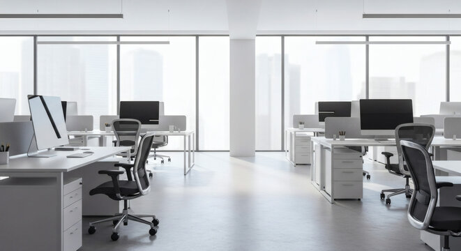 Modern open-plan office interior. Bright, professional workspace with ergonomic desks, computers, chairs, and natural light, designed for business productivity and collaboration.