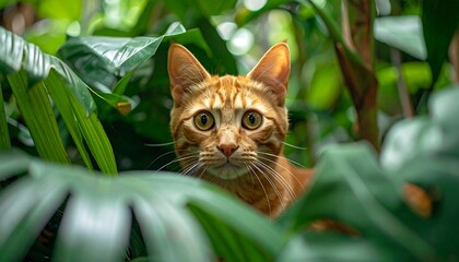 An orange feline stares intently from amidst lush green leaves, its wide eyes focused directly at the viewer. The image has a shallow depth of field