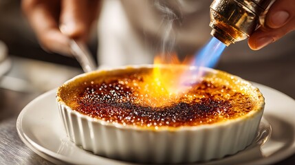Hands of a chef using a torch to caramelize sugar on crème brûlée, shallow depth and soft copy space 