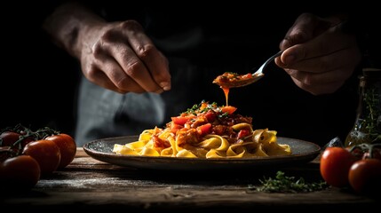 Hands of chef spreading tomato sauce on pasta with spoon, moody tones and upper copy space 