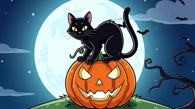 A spooky black cat with glowing yellow eyes sits atop a carved jack-o'-lantern against a large full moon and starry night sky, with bare tree branches.