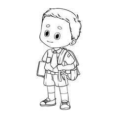 Cute Schoolboy with Backpack and Book. Thin Line Illustration.