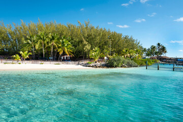 Beautiful beach in the Island Perfect Day at CocoCay. This is a private island belonging to the Royal Caribbean company, used for their passengers and tourists on their cruise ships. Bahamas, Feb 2021