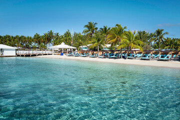 Beautiful beach in the Island Perfect Day at CocoCay. This is a private island belonging to the Royal Caribbean company, used for their passengers and tourists on their cruise ships. Bahamas, Feb 2021