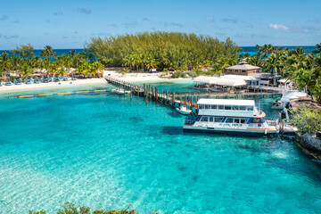 Beautiful beach in the Island Perfect Day at CocoCay. This is a private island belonging to the Royal Caribbean company, used for their passengers and tourists on their cruise ships. Bahamas, Feb 2021