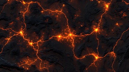 The image shows a top-down view of dark, textured terrain with glowing orange cracks and bright spots resembling lava or a cityscape at night.