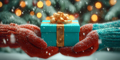 Holiday Gift Exchange: Amidst falling snow, a pair of gloved hands tenderly offers a vibrant gift, a symbolic exchange of goodwill and cheer amidst the festive season.