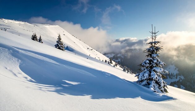Snowy mountain slope at sunrise