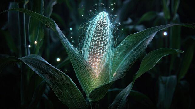 Illuminated corn cob in field