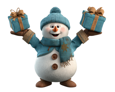 Cheerful snowman wearing blue winter clothing holding two gift boxes, festive holiday character with scarf, hat, and mittens, joyful winter celebration illustration