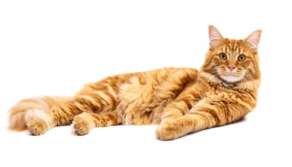 An orange tabby cat with long, fluffy fur is seen reclining on a stark white background. The cat's eyes are focused, and it appears relaxed