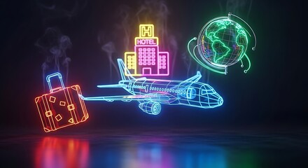 Futuristic concept for online travel booking and global tourism with vibrant neon icons