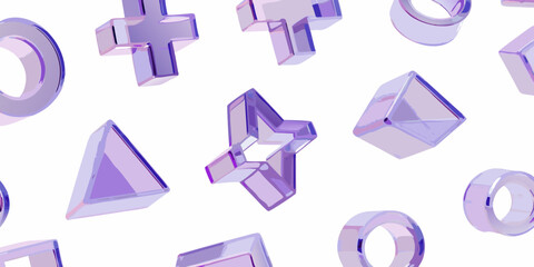 Abstract geometric shapes in translucent purple glass with a white background