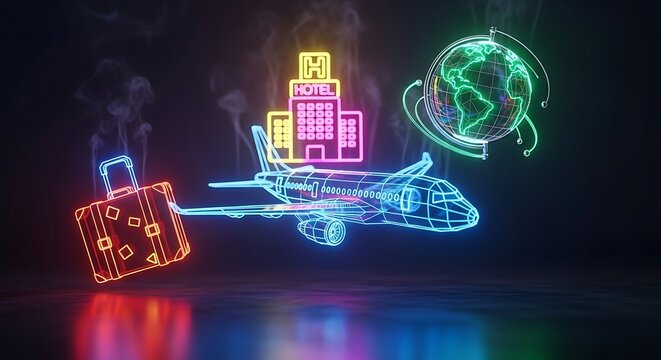 Futuristic concept for online travel booking and global tourism with vibrant neon icons