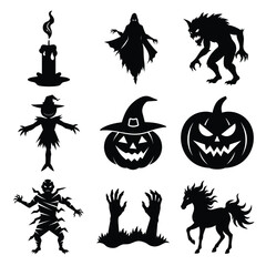 Halloween Spooky Silhouettes Collection, Ghosts, Werewolves, Pumpkins, Mummy, Scarecrow, Zombie Hands, Candle, Dark Horse Icons