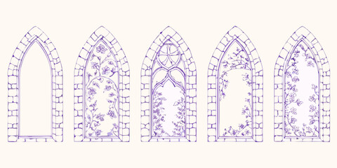 Gothic arched windows with intricate floral vine designs and stone masonry in purple ink