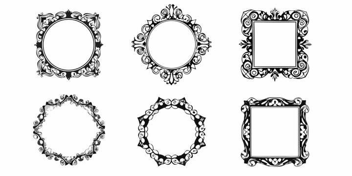Collection of six ornate black and white vintage decorative frames and borders with floral and scroll elements