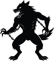 Black Silhouette of Roaring Werewolf with Chains and Sharp Claws, Fierce Monster Vector Graphic