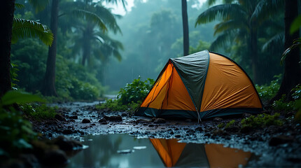 An orange and green tent sits in a lush, rain-soaked forest, next to a puddle.