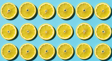 Fototapeta premium A visually appealing and crisp arrangement of bright yellow lemon slices, meticulously placed against a serene blue backdrop, evoking a sense of vibrant freshness.