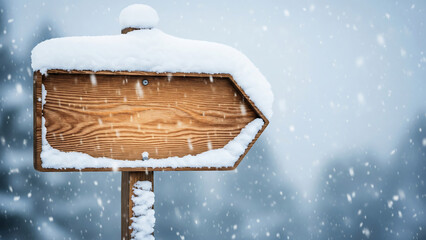 Wooden signpost covered in snow during winter snowfall