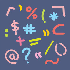 Playful hand-drawn punctuation and special symbols in vibrant colors for creative design projects