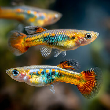 Vibrant guppies swim gracefully underwater, showcasing stunning iridescent scales and flowing fins, a captivating glimpse into aquatic life.