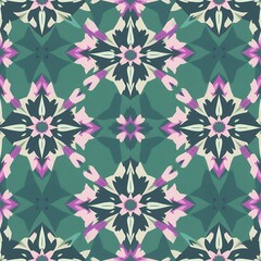 Seamless geometric floral pattern in deep teal with pink and cream abstract petal shapes