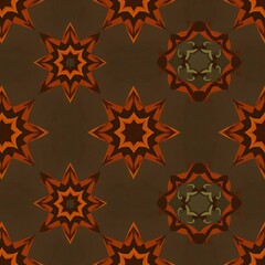 Symmetrical geometric pattern of starbursts and mandala like shapes in warm brown and orange hues