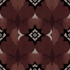 A seamless pattern featuring stylized floral and starburst motifs in shades of brown and black