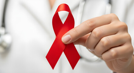 A medical professional holding a vibrant red ribbon symbolizing AIDS awareness and support. The ribbon is a powerful visual representation of solidarity and hope