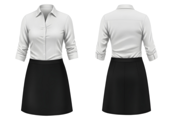 Realistic mockup of woman’s formal outfit with a white button-up shirt and black skirt, front and back view isolated on transparent background.
