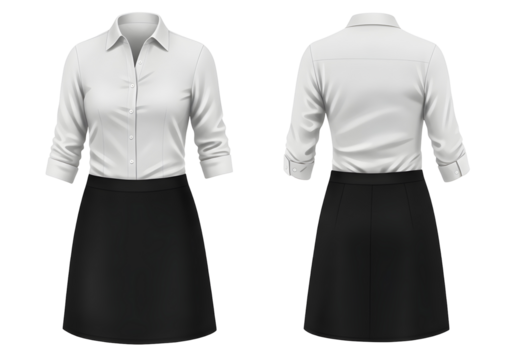 Realistic mockup of woman’s formal outfit with a white button-up shirt and black skirt, front and back view isolated on transparent background.